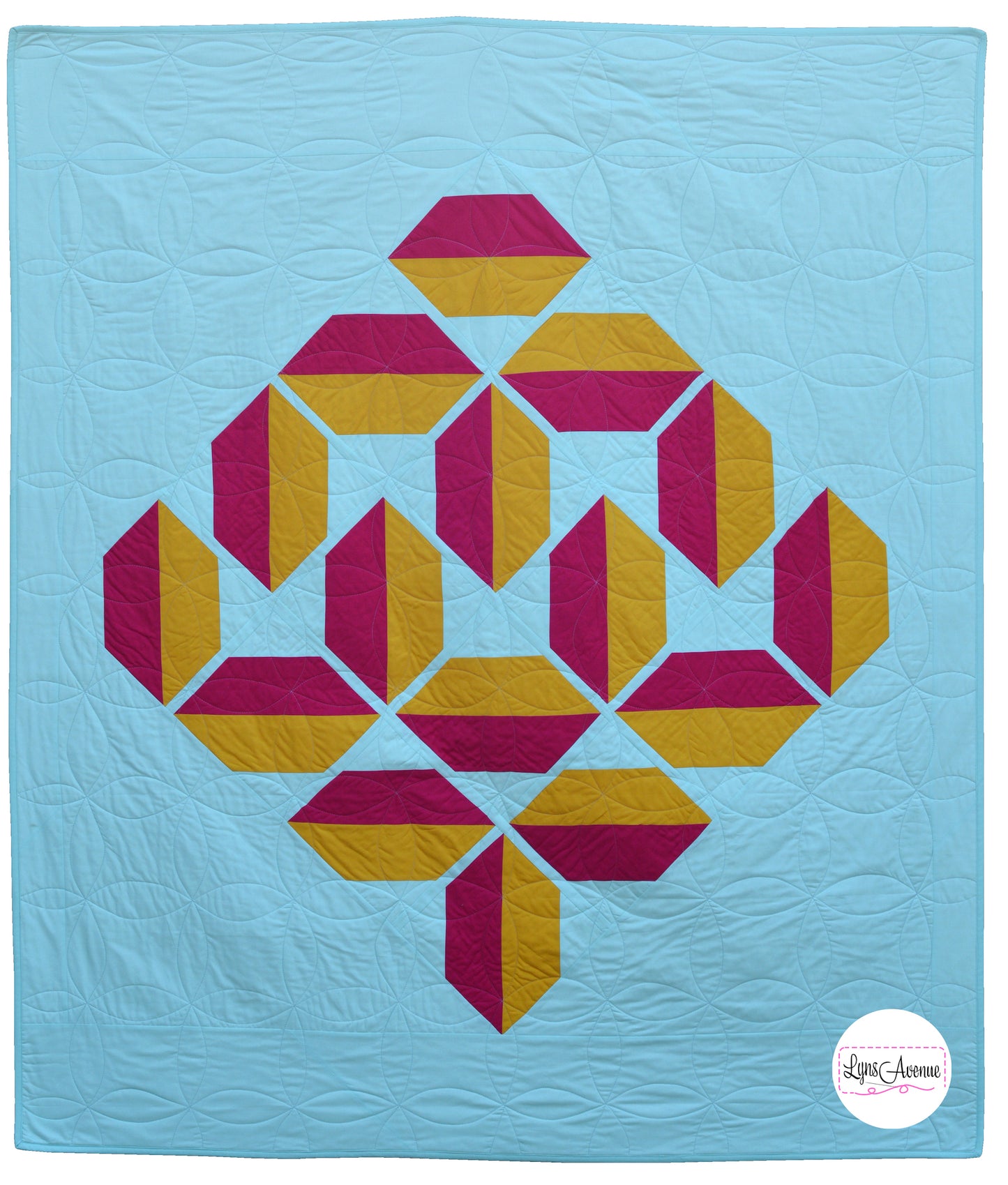 Flourishing quilt in two colour version of red and yellow on a light green background